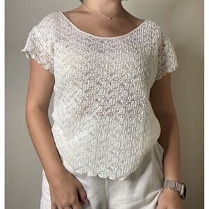 Escapades White Lace Vintage Sheer Stretchy Short Sleeve Top Small Coquette